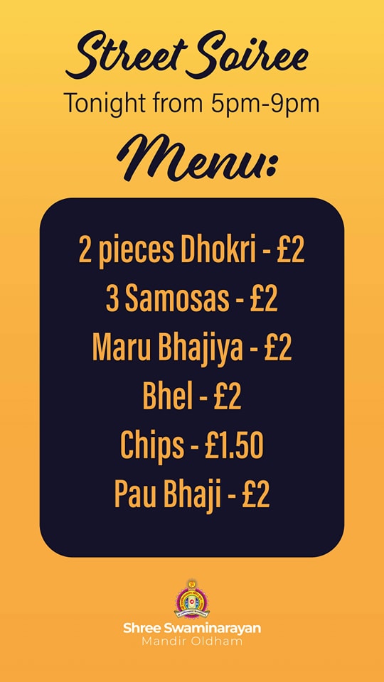 Jay Shree Swaminarayan! Join us tonight from 5pm! Checkout the menu be...